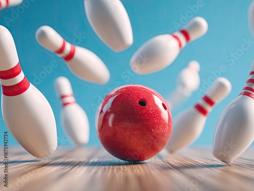 Bowling pins flying around a red bowling ball on a wooden surface