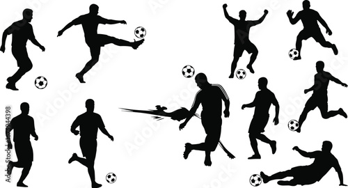 Dynamic Soccer Players Silhouette Actions, Kicking, Running, Dribbling, Scoring, Playing Football Sport, Active Athlete Poses, Game Concept