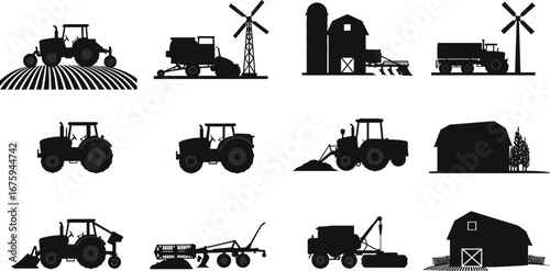 Farm machinery silhouettes, tractor, windmill, barn, agricultural equipment, farming vehicles, plowing, harvesting, rural landscape, farming icons, rural lifestyle.