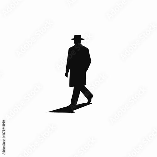 Walking man in coat, hat, minimalist fashion, dark figure silhouette