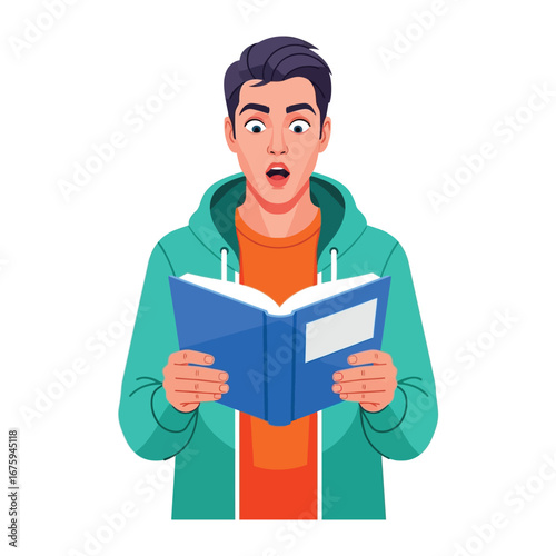 Surprised Reader: A person is depicted engrossed in a book, their facial expression displaying astonishment.