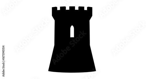 Fotografi Black Silhouette of a Medieval Castle Tower with Battlements and Window