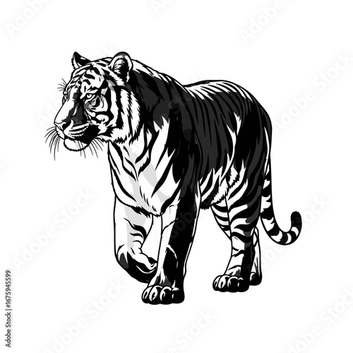 Powerful tiger illustration prowling forward with intensity, perfect for wildlife documentaries or conservation campaigns with a bold graphic style