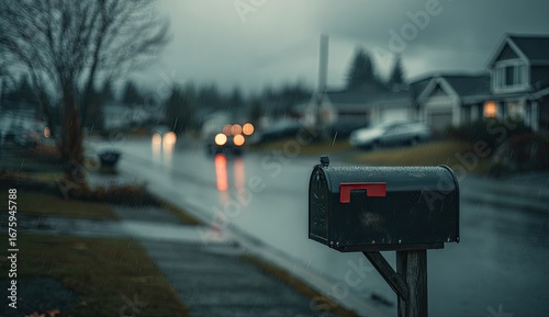 Rainy suburban street scene with mailbox