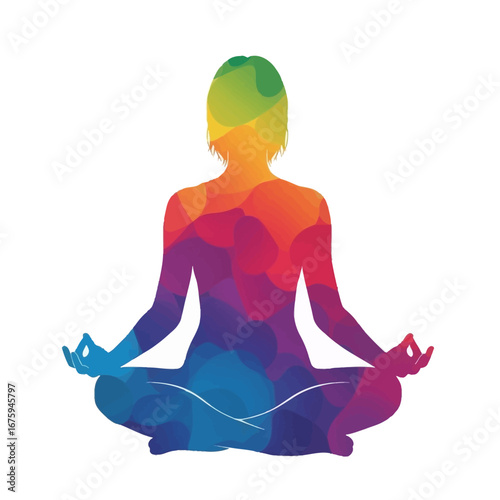 Vibrant silhouette of a person meditating in lotus pose, radiating peace and colorful energy for wellness and mindfulness concepts.