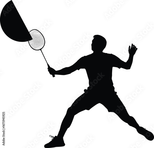 Silhouette of male badminton player hitting shuttlecock with racket during action play, showing power, agility, and competitive sports energy.