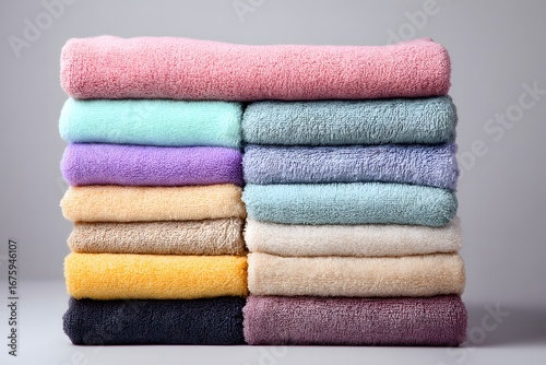 Stacked colorful fluffy towels soft