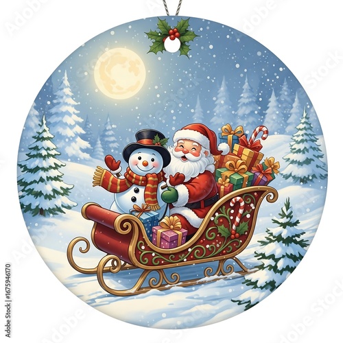 Santa and snowman ride through snowy woods in sleigh