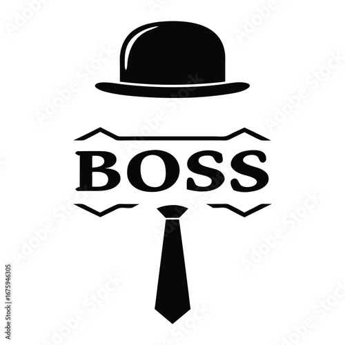 Black Silhouette of BOSS Icon Stylish Hat and Tie Illustration