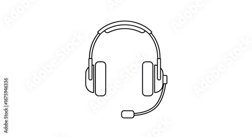 Line Art Illustration of Modern Over-Ear Headphones with Microphone.