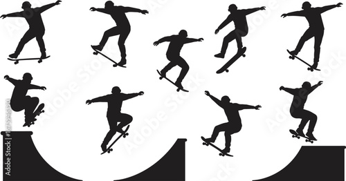 Dynamic skateboarder performing various tricks on ramps, silhouette action shot, extreme sports, skateboarding movement, athletic performance, high-energy action