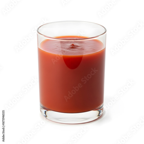 A tall glass filled with rich red tomato juice, a refreshing and healthy beverage, perfect for a quick refreshment
