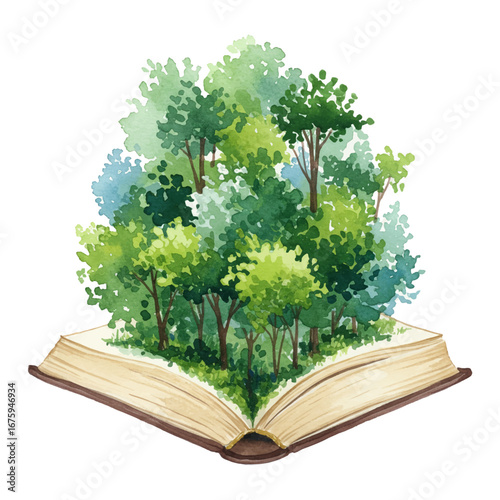 Forest Coming Up from Opened Book with Green Trees Isolated Hand Drawn Watercolor Painting Illustration