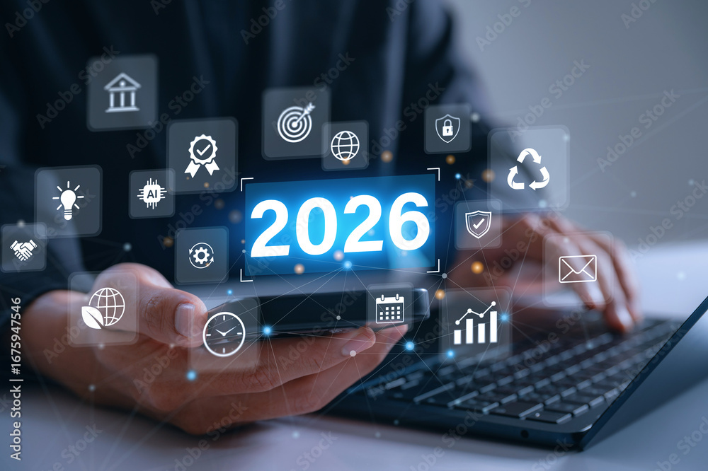 Fototapeta premium 2026 digital transformation and technology trends. businessman with futuristic interface showing AI, finance, strategic planning, sustainability, and smart data networks in a connected global world