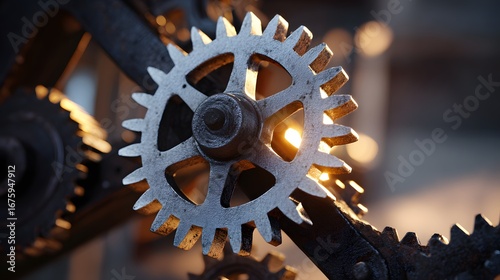 Close-up view of intricate metal gears, showcasing a detailed mechanical design with warm sunlight highlighting the metallic surfaces.
