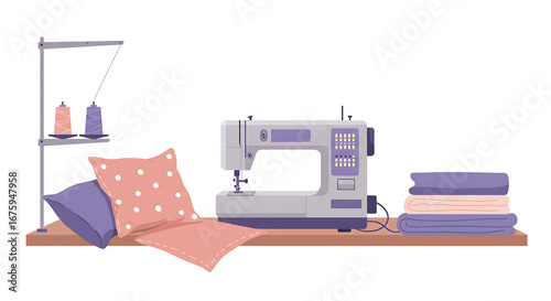 A sewing machine with spools of thread, pillows, fabric, and a shelf, illustrating a home hobby or craft setup