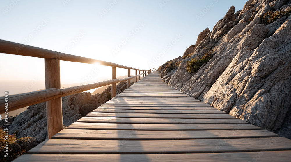 Fototapeta premium Wooden boardwalk pathway with railings leading up a rocky mountain slope at sunrise.