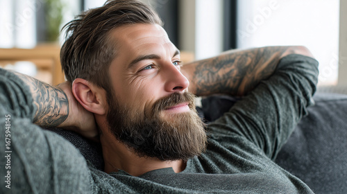 Bearded man with tattoos relaxing on a couch at home, smiling peacefully.
