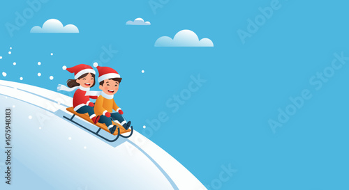 Two children sledding downhill in winter with snow and blue sky, background, vector, copy space  