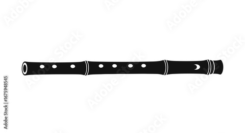 Black Silhouette of a Traditional Wooden Flute Instrument.