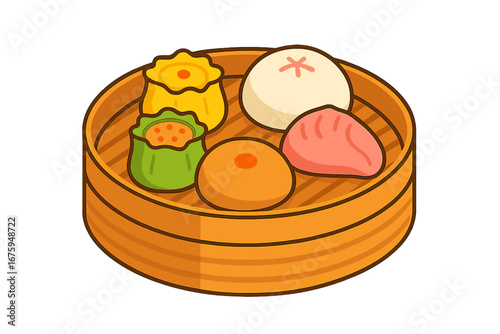 Assorted dim sum in bamboo steamer, colorful and appetizing dim sum on bamboo tray