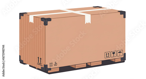 A sturdy, securely taped brown cardboard box is placed upon a wooden pallet, ready for shipping and delivery, symbolizing logistics and global commerce