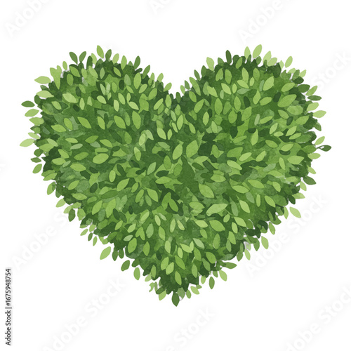 Vibrant Green Love Shaped Bush Top View Isolated Hand Drawn Watercolor Painting Illustration