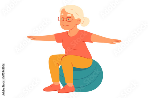 Elderly woman exercising while sitting on exercise ball elderly woman on balance ball