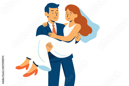 Happy couple celebrating wedding with bride in white dress and groom groom carrying bride