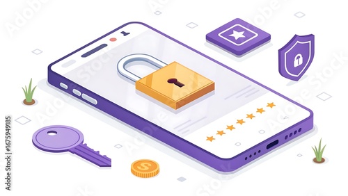 Isometric Mobile Security: Secure App Illustration Featuring Padlock, Shield, Key, Star Ratings, and Coin, Isolated
