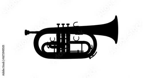 Silhouette of a brass musical instrument, likely a cornet or flugelhorn.