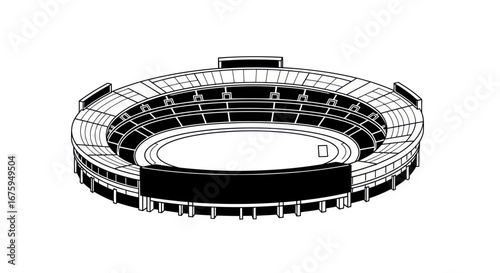Isometric black and white illustration of a large circular sports stadium.