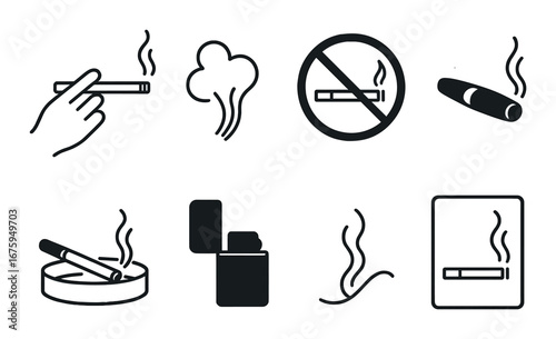 Smoking symbols: cigarette, prohibition, smoke icons on dark background