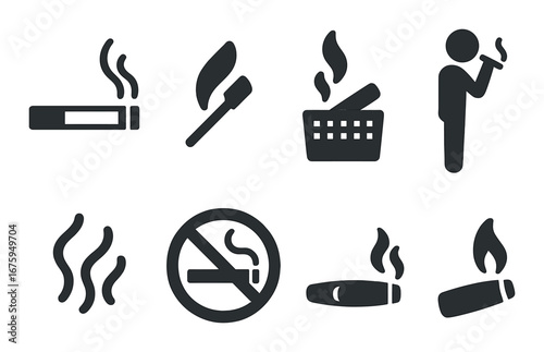 Dark themed smoking and anti-smoking icon set with illustrations of cigarettes and smoke