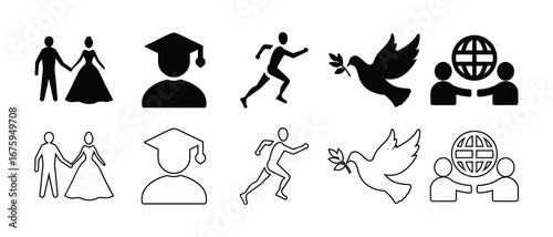Diverse icons representing life events education sports peace and global connection