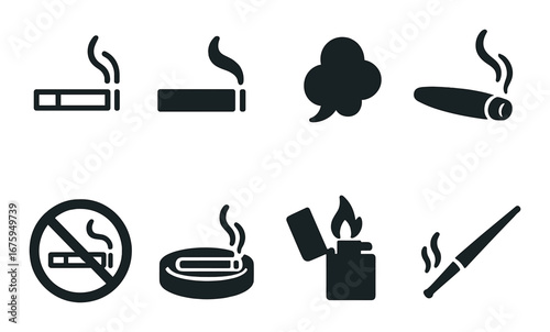 Smoking icons collection: cigarettes, lighter, no smoking, vapor