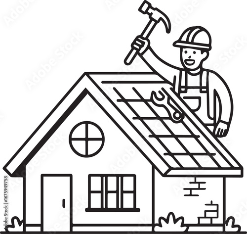 Roofer Repairing House Roof Illustration, Home Renovation and Construction Worker Concept