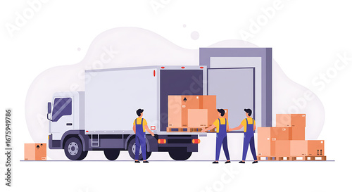 Professional movers carefully loading boxes and furniture onto a moving truck, illustrating efficient relocation and logistics services