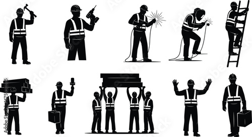 Construction Workers Engaged in Various Tasks, Building Site Workers with Safety Gear, Hammering, Drilling, Lifting, Teamwork, Laborers
