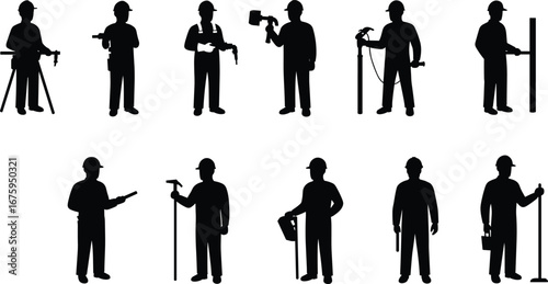 Construction Worker Silhouettes, Tools, Heavy Equipment, Worker Poses, Manual Labor, Hard Hat, Worker with Hammer, Surveyor, Silhouette Vector, Industry Icons, Work Safety