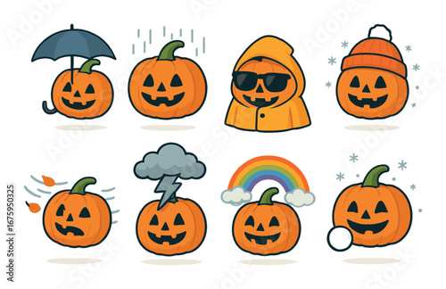 Pumpkin emojis displaying various weather conditions with accessories