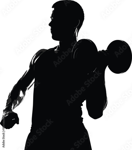 Silhouette of Man Lifting Dumbbell for Strength Training – Fitness Gym Workout Vector Illustration Isolated on White Background for Health Concept