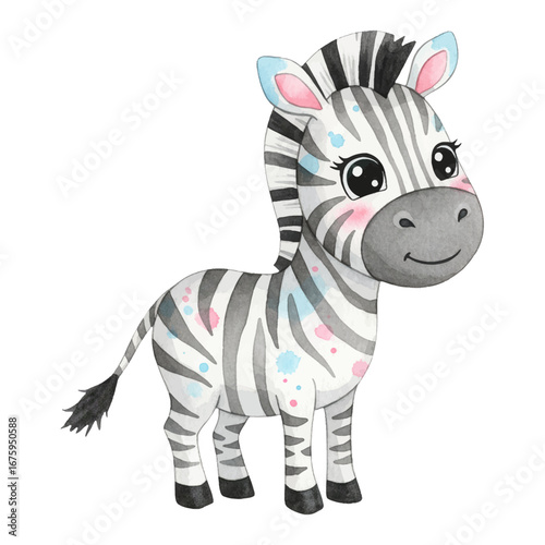 Cute Adorable Baby Zebra for Children Book Style with Colorful Splatters Isolated Hand Drawn Watercolor Painting Illustration