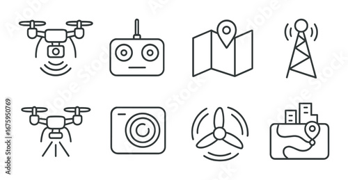 Drone technology icons: camera, propeller, map, antenna, controls, location, signal