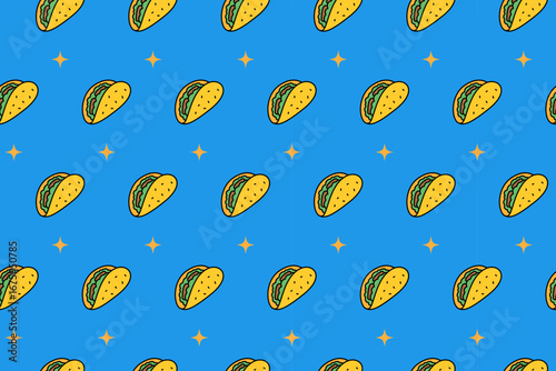 Mexican taco colorful doodle seamless pattern on blue background. Taco fast food with star pattern background. Playful taco snack isolated motif wallpaper. Restaurant and cafes merchandise