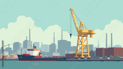 Bridgeport, CT – Harbor and maritime cranes with industrial skyline under soft light, palette: harbor teal, crane yellow, slate, brick