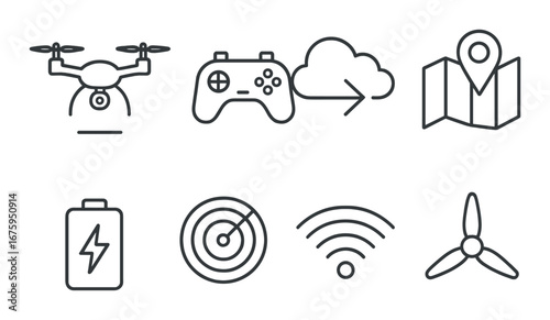 Set of technology icons: drone, game controller, cloud, map, battery, radar, wi-fi, propeller
