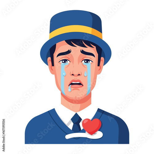 Melancholy in Blue: An emotive illustration of a heartbroken gentleman in a blue hat, tears streaming, symbolizing profound sadness and loss with a heart on chest.