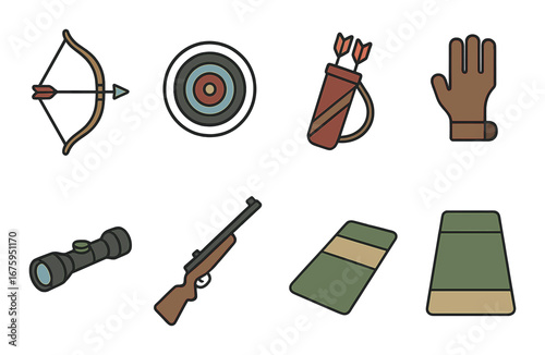 Archery and hunting icons: bow, target, quiver, glove, scope, rifle, mats