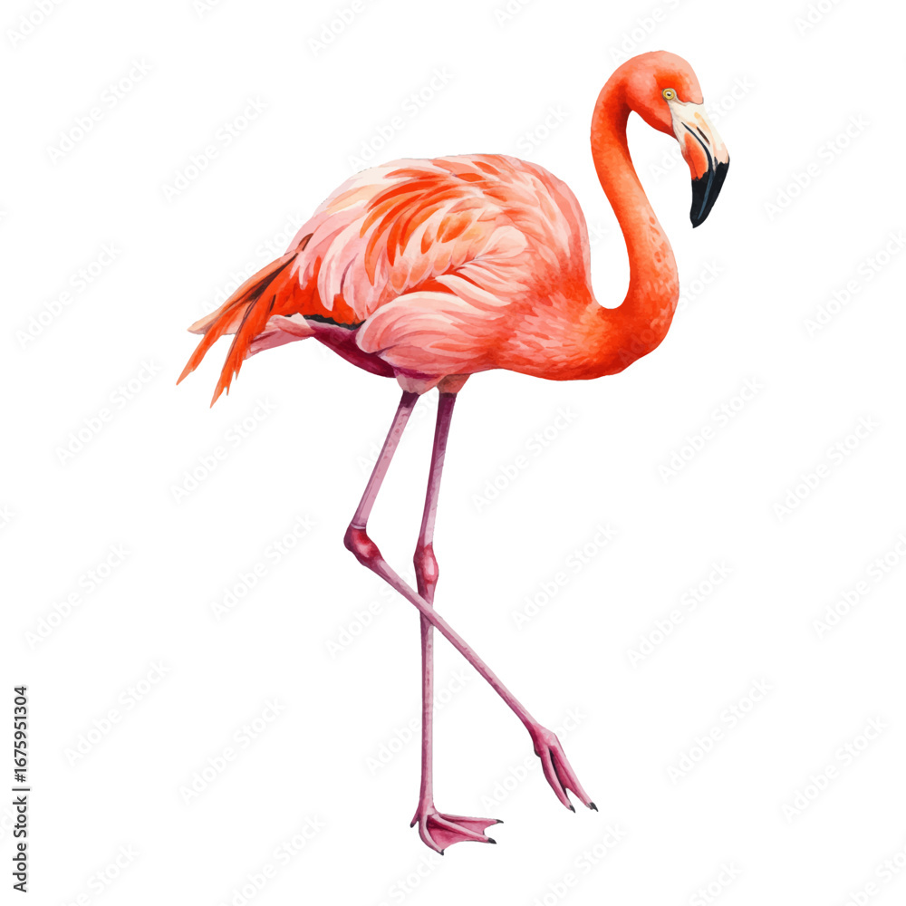 Obraz premium Elegant Vibrant Pink Flamingo Standing Gracefully on One Leg Isolated Hand Drawn Watercolor Painting Illustration